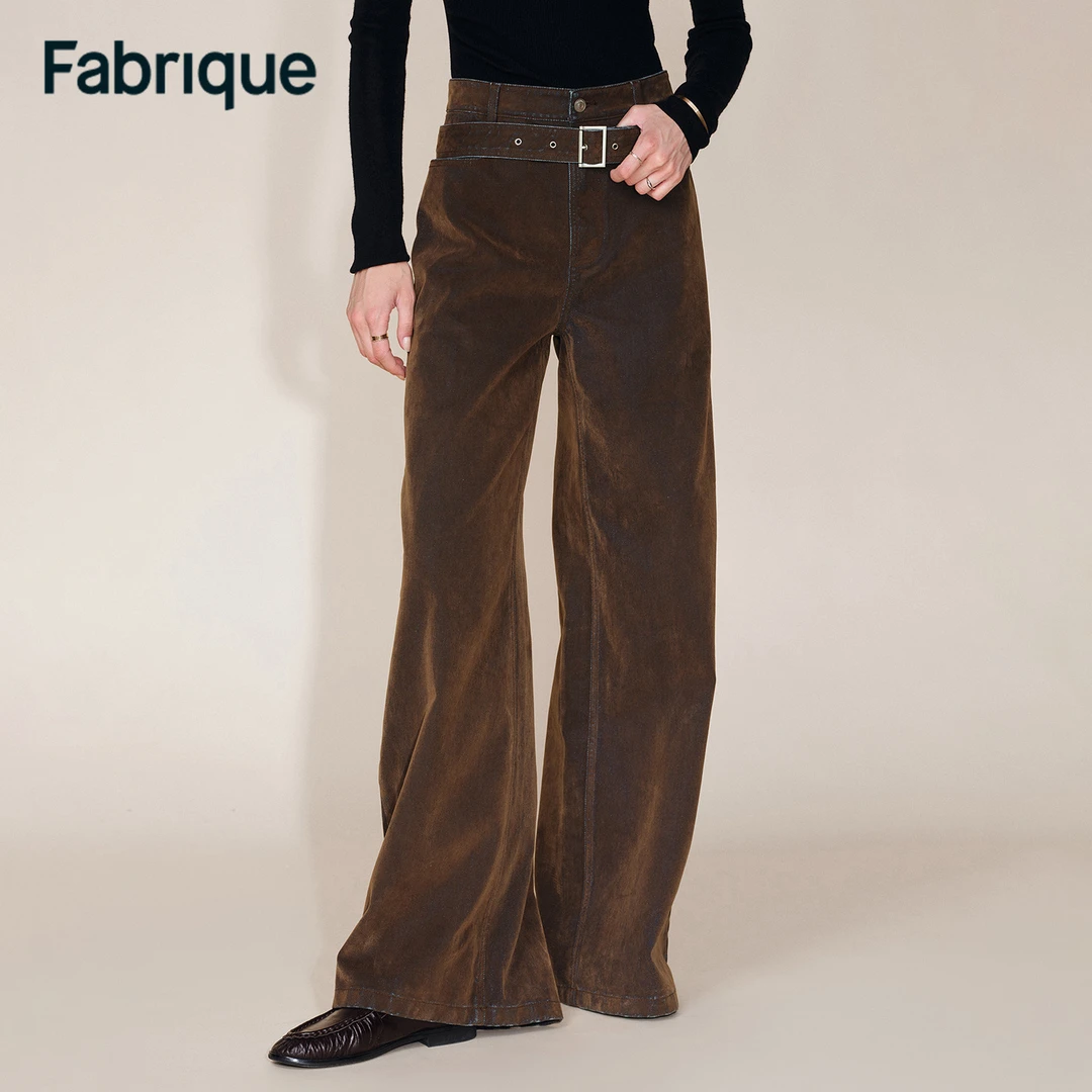 Fabrique Taylor 秋冬新品琥珀棕双色植绒牛仔配腰带直筒阔腿裤