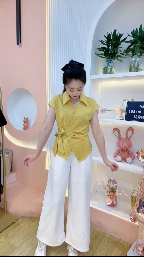 JUYA  时尚V领收腰上衣女2025夏季新款洋气气质上衣阔腿裤套装