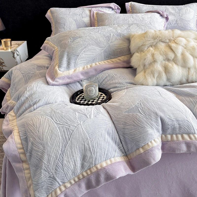 水星高端适用家纺加厚保暖雕花绒A类牛奶绒四件套高级感冬季法莱