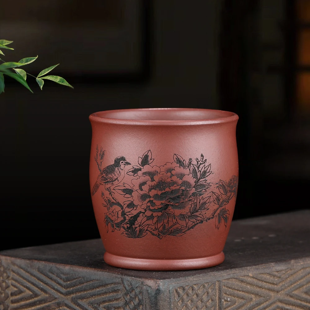 原矿紫砂主人杯 龙血砂 精雕细刻 国色天香