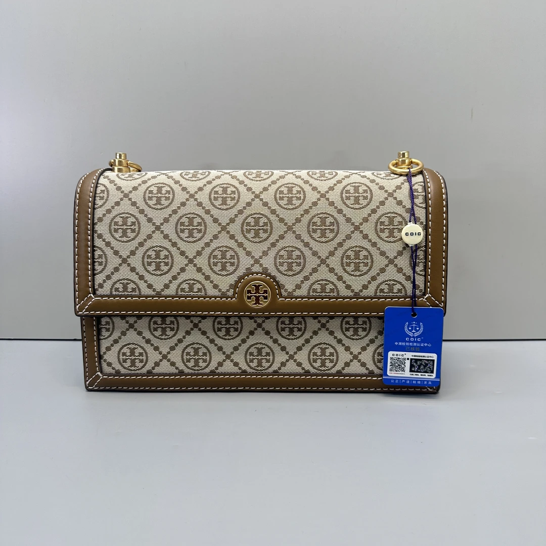 99新 TORY BURCH/汤丽柏琦 棕色老花风琴包27*16*9cmSM011905