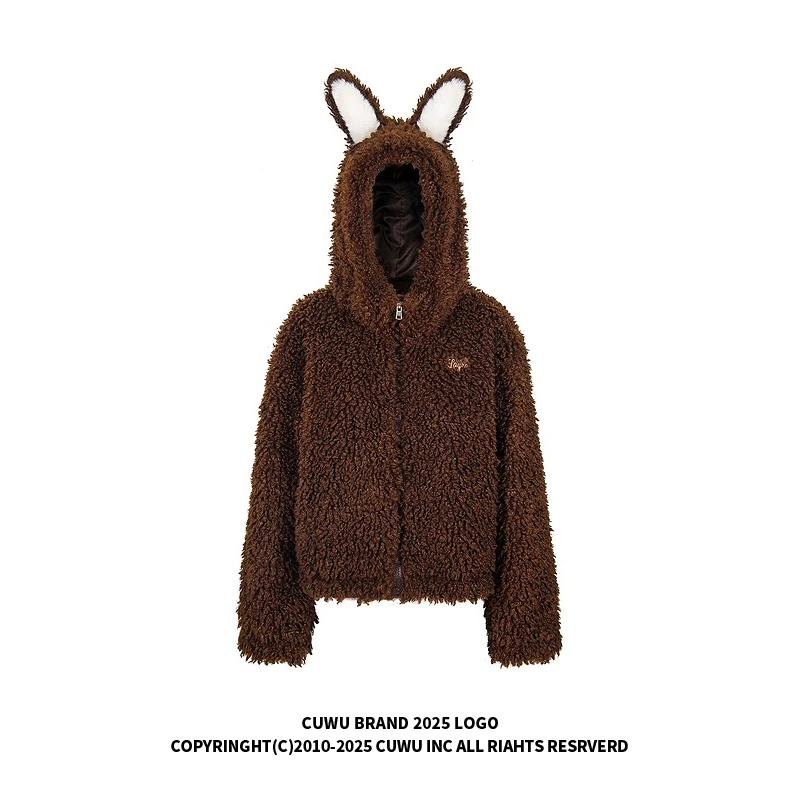 cuwu美式复古兔耳朵连帽外套女冬季宽松显瘦短款毛茸茸棉服