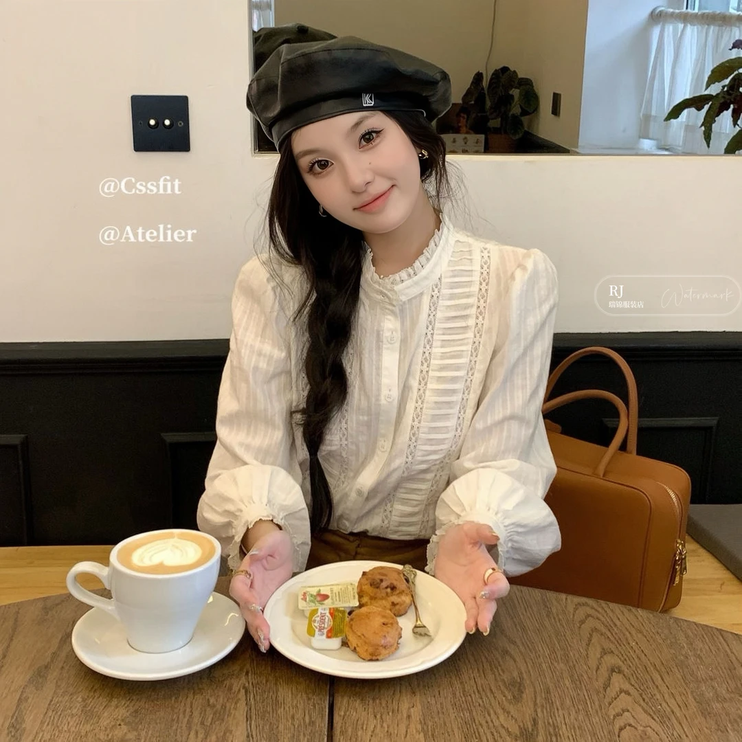 【RJ】宫廷风花边领条纹长袖衬衫法式温柔百搭新款时尚洋气百搭女装