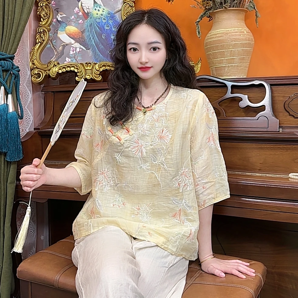 新中式复古苎麻满身刺绣斜襟盘扣禅意洋气衬衫女宽松显瘦透气上衣