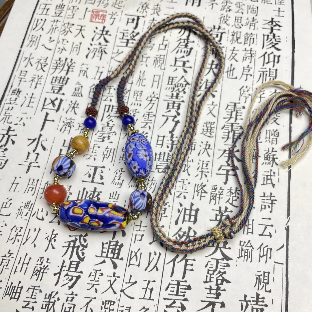 合金项链 LZ7100蓝色万花圆柱橄榄绳编琉璃项链