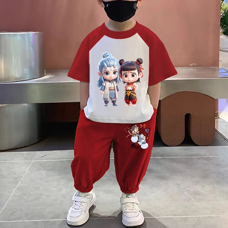 哪吒魔童闹海短袖纯棉套装儿童2025夏季新款男女童运动休闲两件套