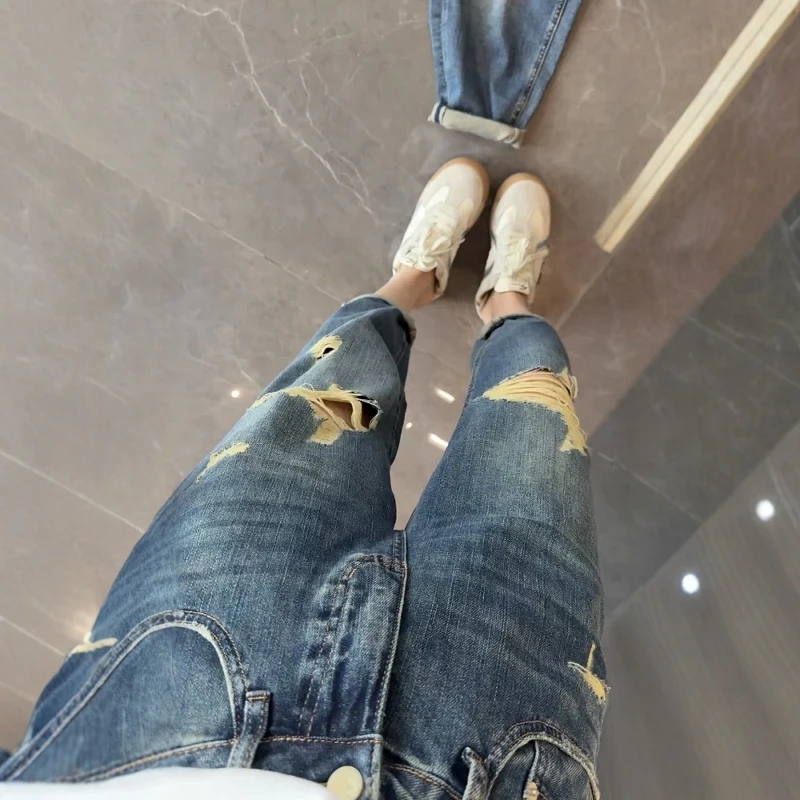 夏季新款小个子福利破洞百搭牛仔裤子大码女装高腰显瘦八分哈伦裤