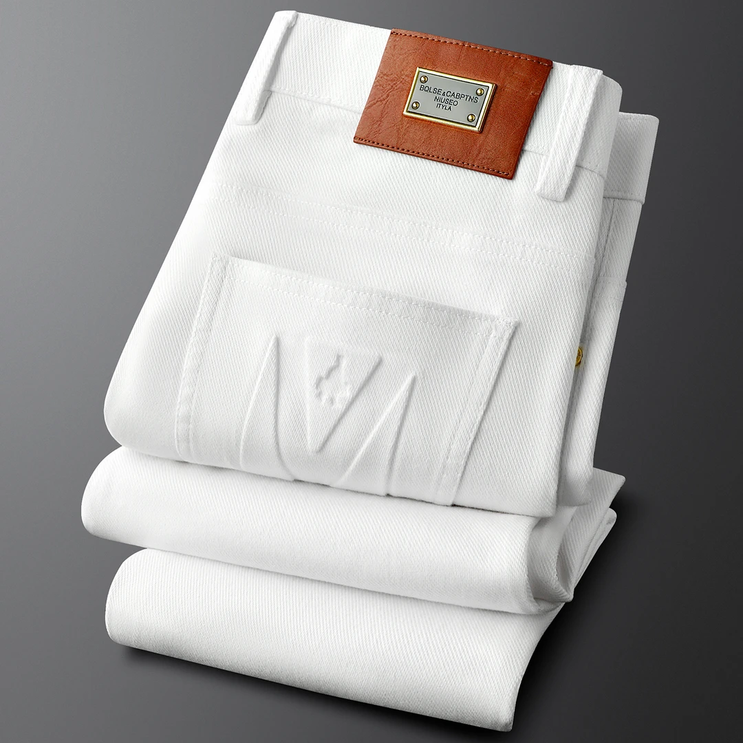 2025秋季男士修身白色小直筒牛仔裤休闲裤潮流百搭时尚轻奢加厚