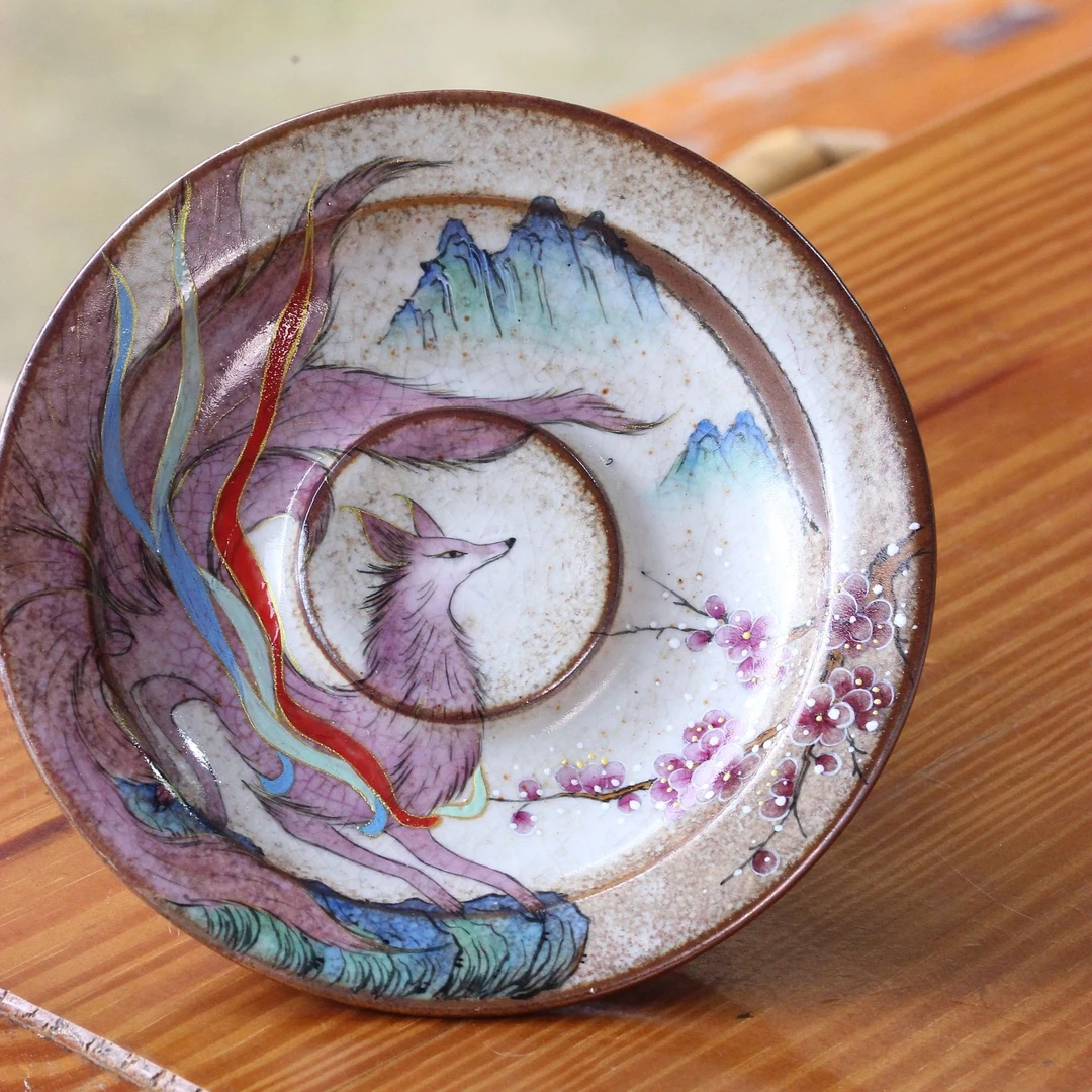 亘古茶具壶承手绘重彩九尾茶壶泡茶盘陶瓷手工干泡盘果盘岩矿柴烧