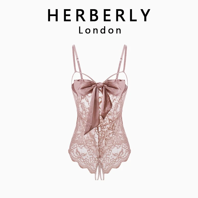 英国 HERBERLY 性感女睡衣高级感蕾丝诱惑吊带蝴蝶结连体衣纯欲风