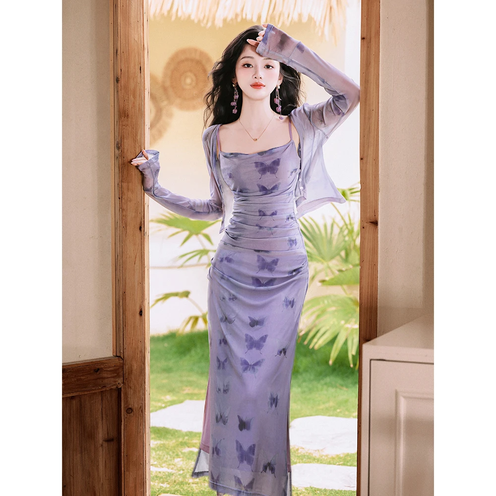 紫玉钗晕染吊带裙立体褶皱设计感复古连衣裙搭配防晒开衫套装8884