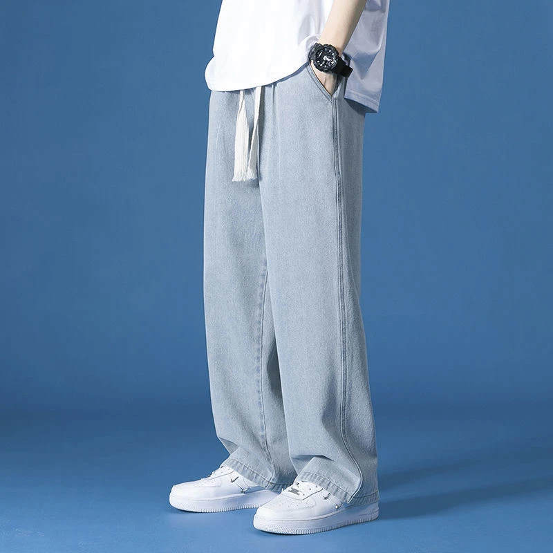 抽绳牛仔裤男夏季薄款宽松直筒百搭潮流潮牌穿搭美式牛仔裤男款