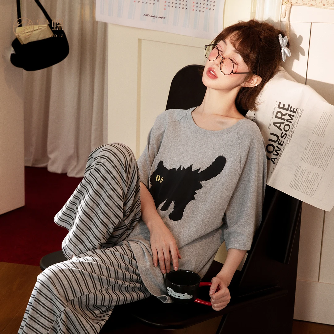 宫蝶【凉感型】纯棉睡衣女短袖长裤休闲可爱卡通小猫家居服套装夏