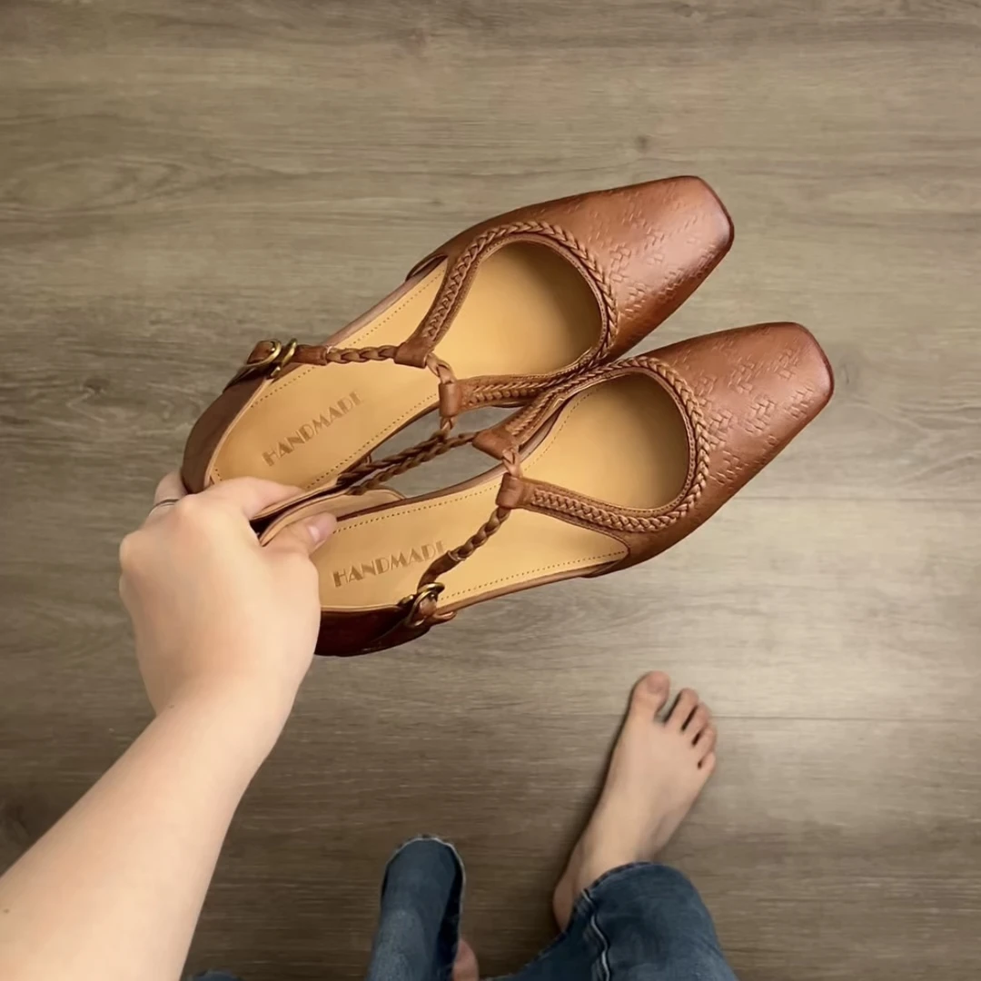 Dannyfrey复古港风纯色包头夏季新款编织时尚浅口真皮方头女凉鞋