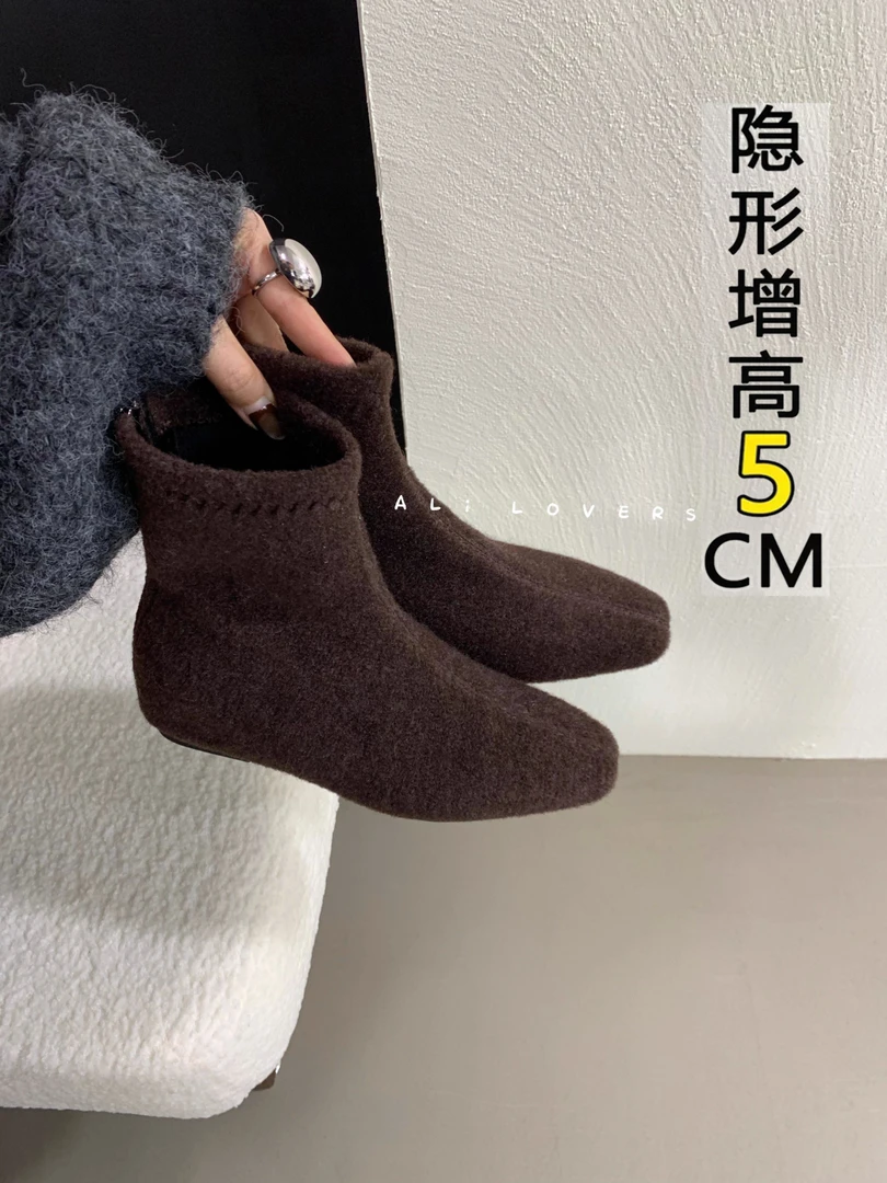 韩版尖头绒面拼接弹力瘦瘦靴女2025年秋冬新款气质毛呢小短靴