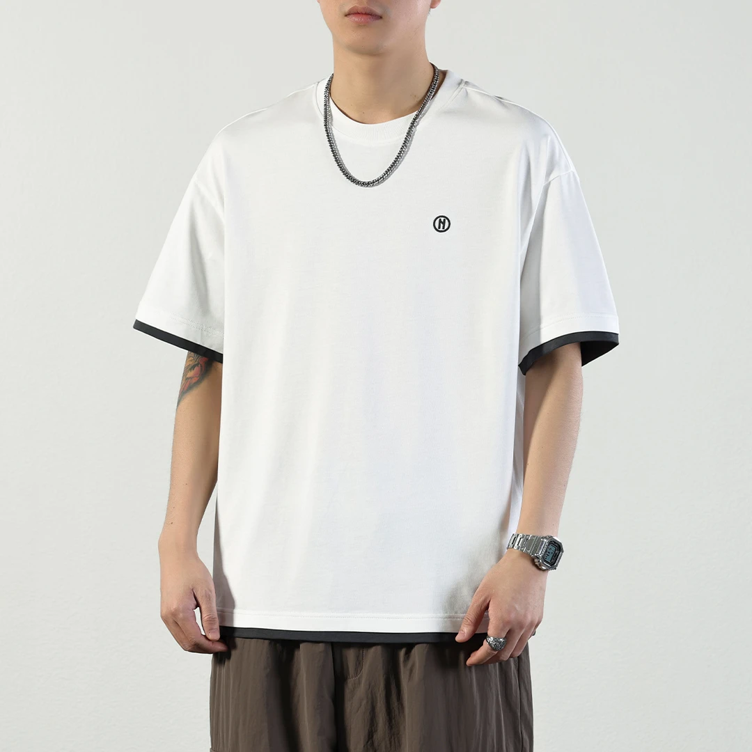 米白色个性刺绣短袖T恤男日系复古潮牌纯棉百搭2025春夏新款上衣