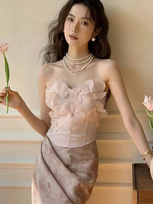 时尚百搭春夏新款网红法式纯欲风网纱花朵修身优雅辣妹裹胸小衫