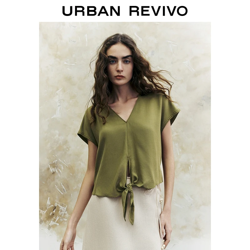 UR2024夏季新款女休闲简约绑带V领宽松薄款罩衫衬衫UWH240061