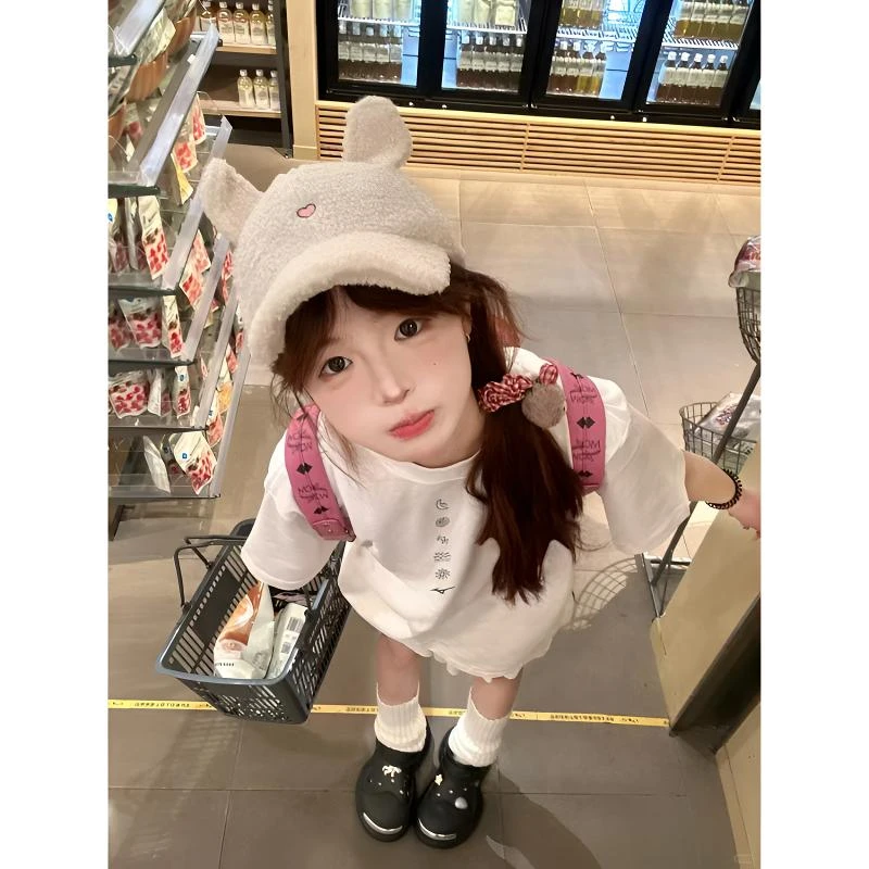 夏季新款小个子简约白色短袖T恤女落肩休闲百搭圆领重磅纯棉上衣