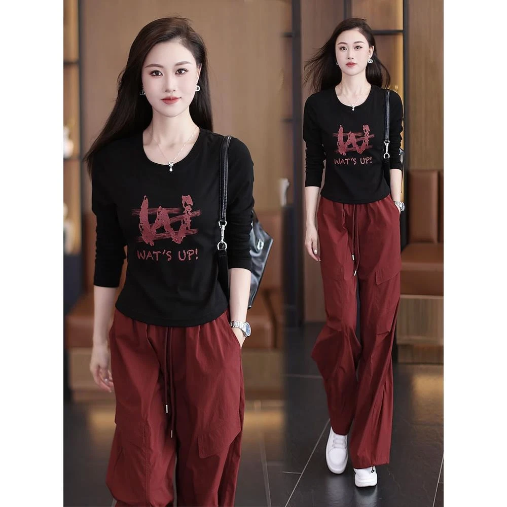 时尚套装女2025秋季新款时髦洋气长袖T恤工装阔腿裤休闲两件套潮