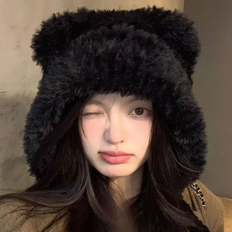 新款冬季可爱毛绒绒小熊耳朵毛绒帽子女秋冬护耳大头围雷锋帽子冬