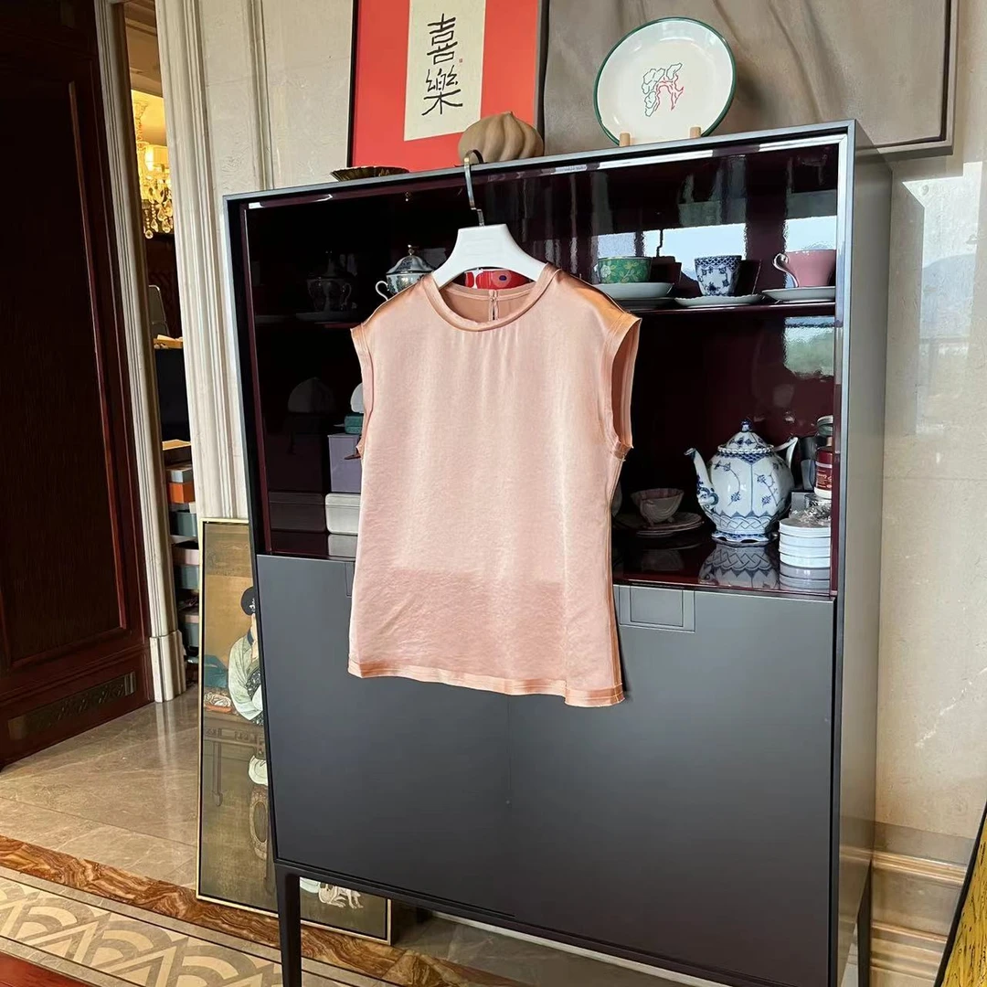 MYL 2024夏季新品醋酸粉色T恤圆领无袖套头纯色休闲简约上衣