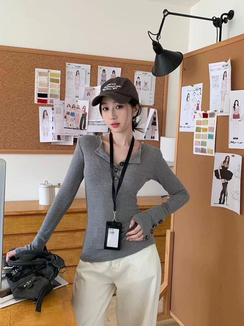 【现货次日+破价】新款韩版半开领长袖T恤女秋冬气质修身正肩上衣