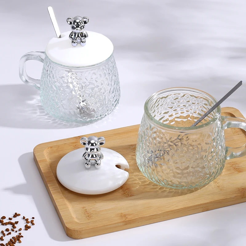 小熊锤纹玻璃杯高颜值带把带盖水杯办公室家用网红女茶杯咖啡杯