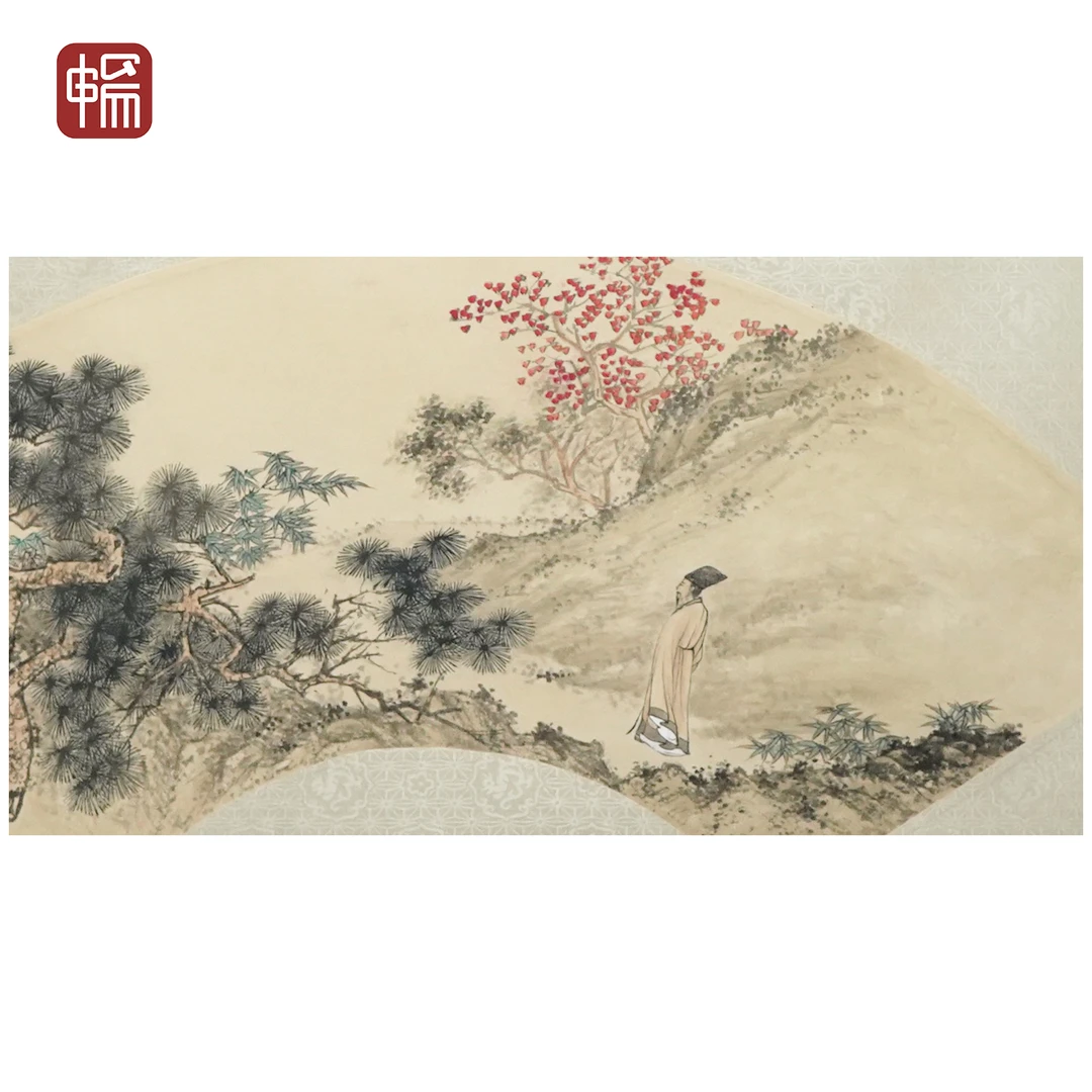 B201 民国《高士图》云鹑  53*18（0.85） 纸本扇面 YQ