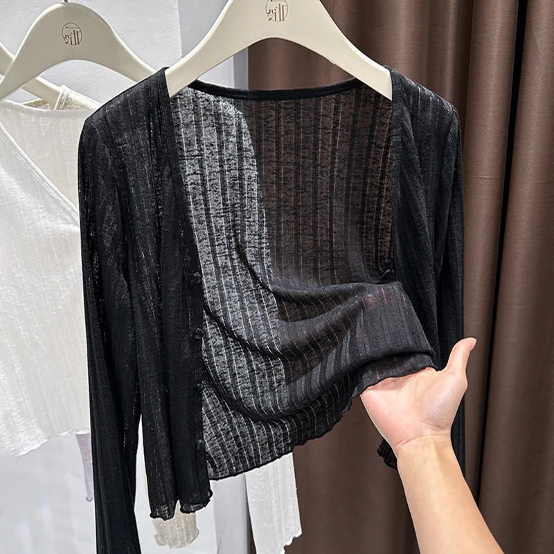 黑色高级感亲肤薄款针织长袖小外套2025早秋新款品质女装开衫外搭