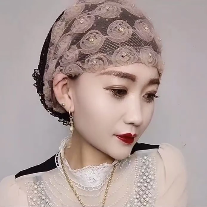 新玫瑰大花蕾丝气质包头帽夏季时尚洋气家居遮白发百搭盘花女透气