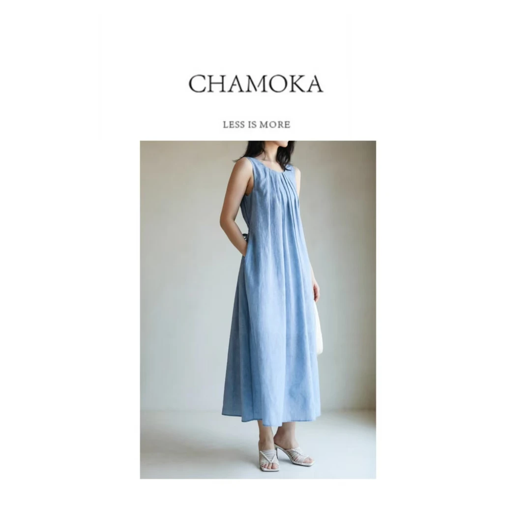 【年末回馈】百搭复古可收腰丝绵亚麻蓝色无袖连衣裙Y045