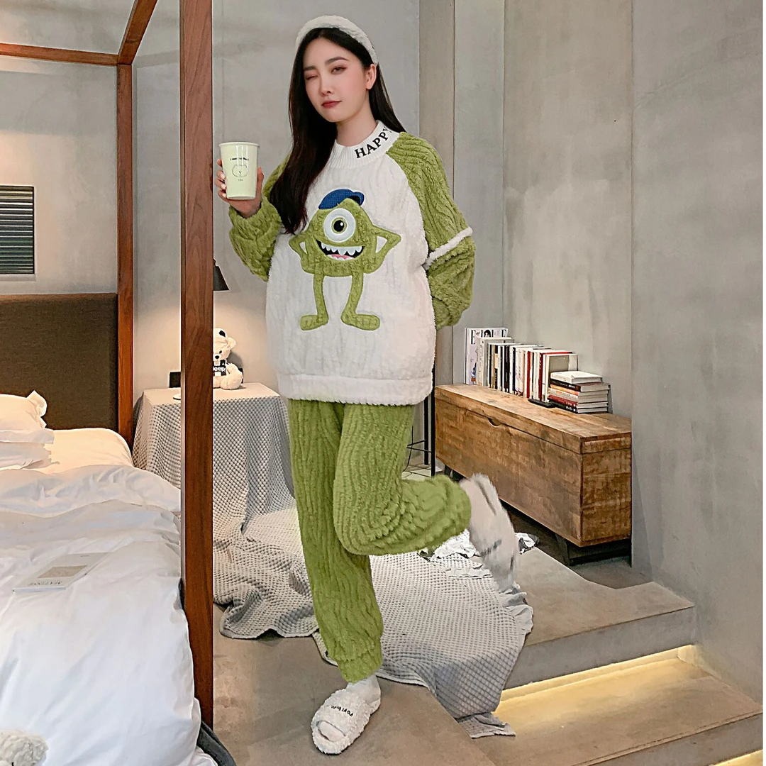 珊瑚绒软糯毛绒圆领睡衣女秋冬季亲肤保暖家居服可外穿套装高级感
