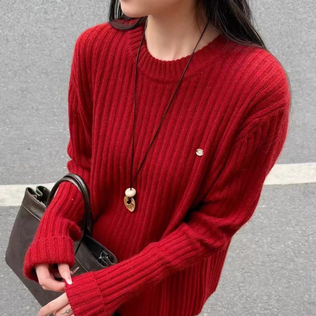 韩系新款圆领坑条设计感下摆开衩拉链针织衫女软糯慵懒风毛衣