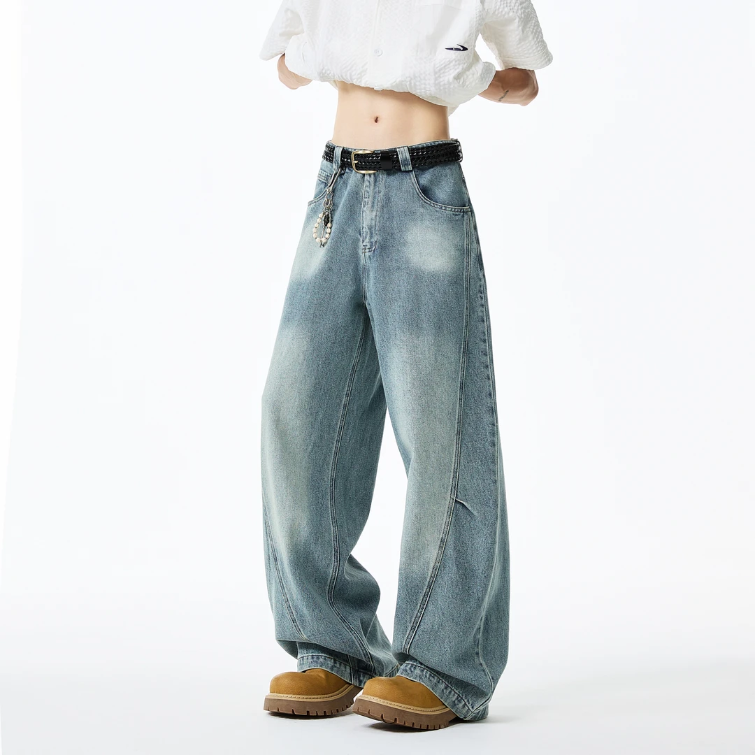 2025年夏季阔腿裤休闲牛仔裤男士裤子美式复古水洗潮流弯刀裤长裤