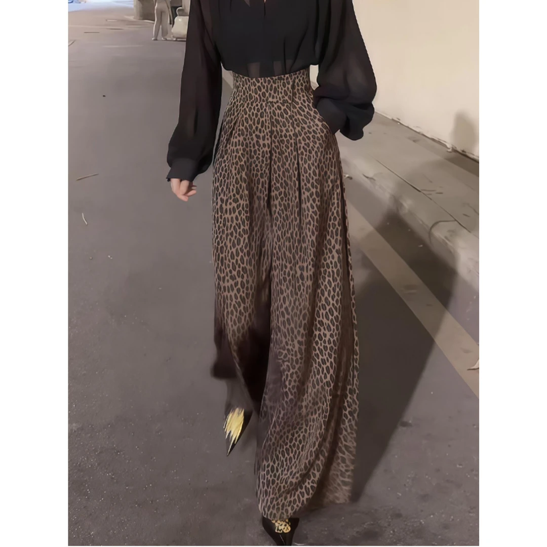 时髦气质辣妹减龄豹纹休闲长裤女夏季新款高腰显瘦百搭阔腿裤