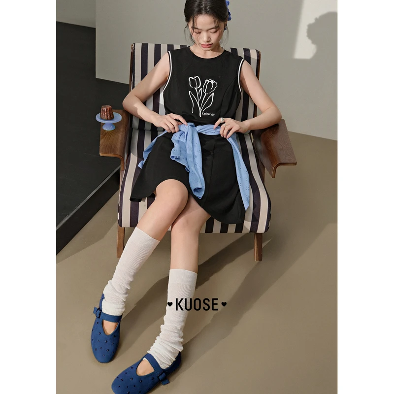 阔色无袖针织修身显瘦连衣裙25夏新圆领印花小黑背心裙KSB2504011