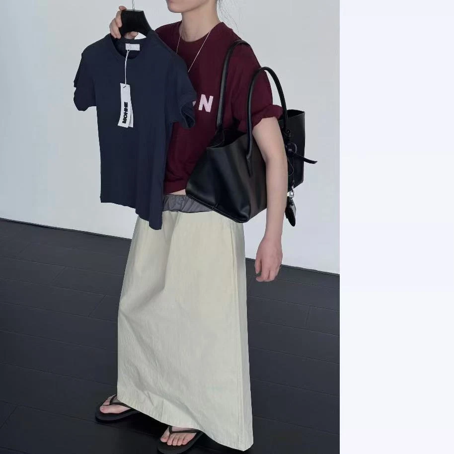 理性下单<no退no换>  泡菜   杏色松紧腰头拼接灰抽绳半裙