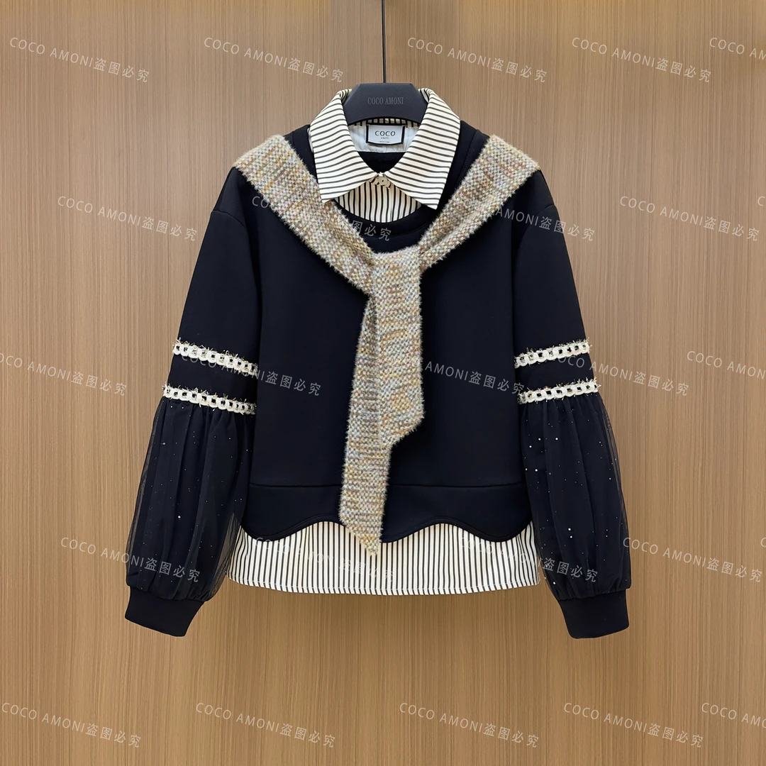 秋冬时尚新款高级感女装拼接围巾假两件显瘦百搭长袖卫衣LG091