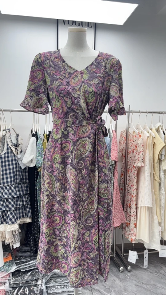 夏季修身中长款碎花方领设计感印花连衣裙