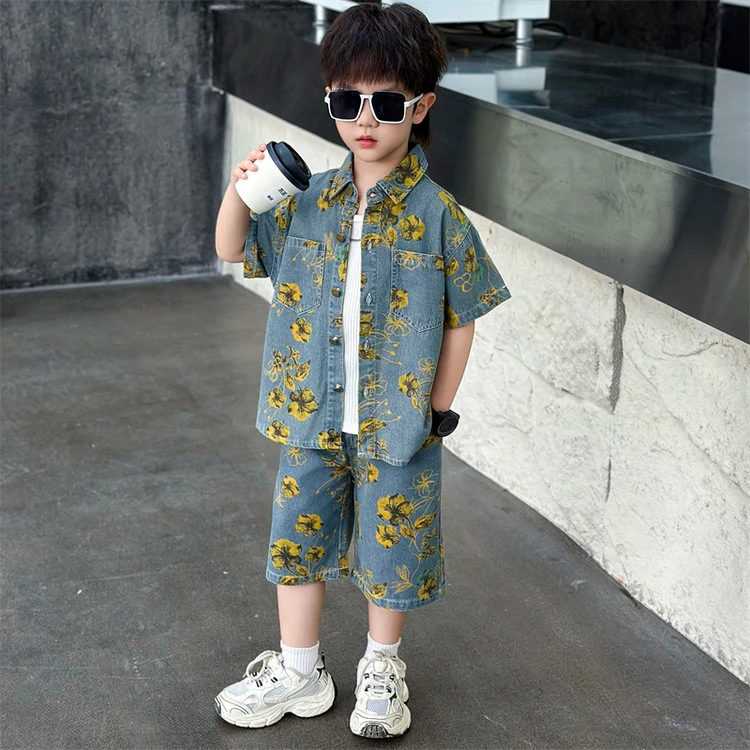 男童夏装牛仔衬衫套装薄款2025夏季新款儿童韩版帅气短袖宝宝衣服