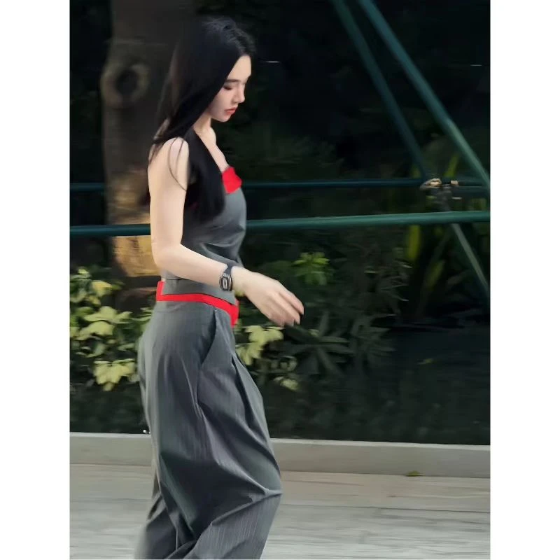 lele 灰色竖条纹腰头拼接设计款休闲长裤 2507166CK