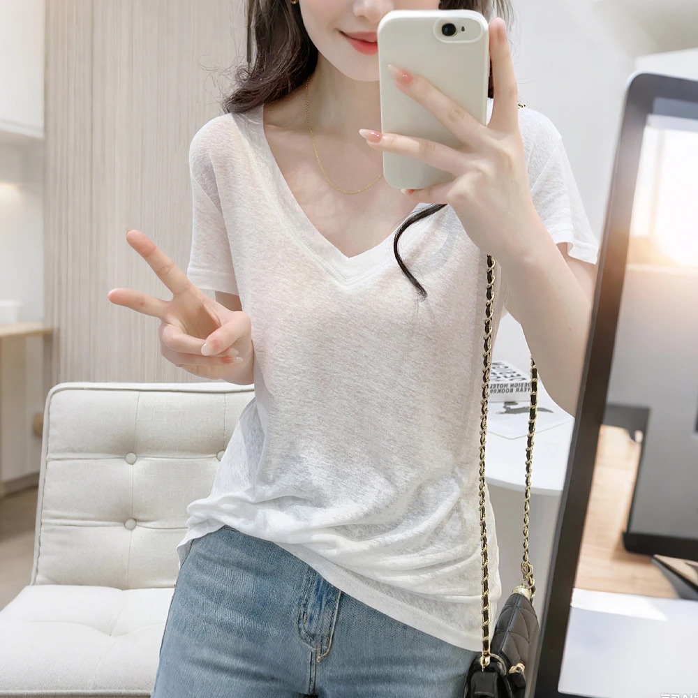 夏季新款V领短袖T恤简约百搭休闲薄款透气休闲减龄雪花棉打底上衣