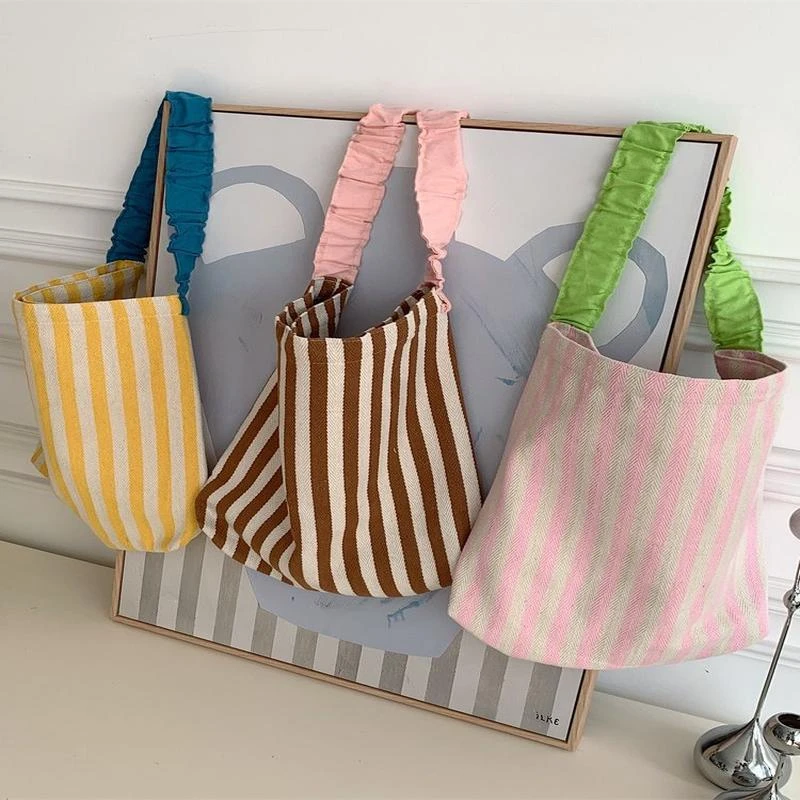 夏季小清新单肩帆布包新款撞色条纹大容量褶皱肩带托特包