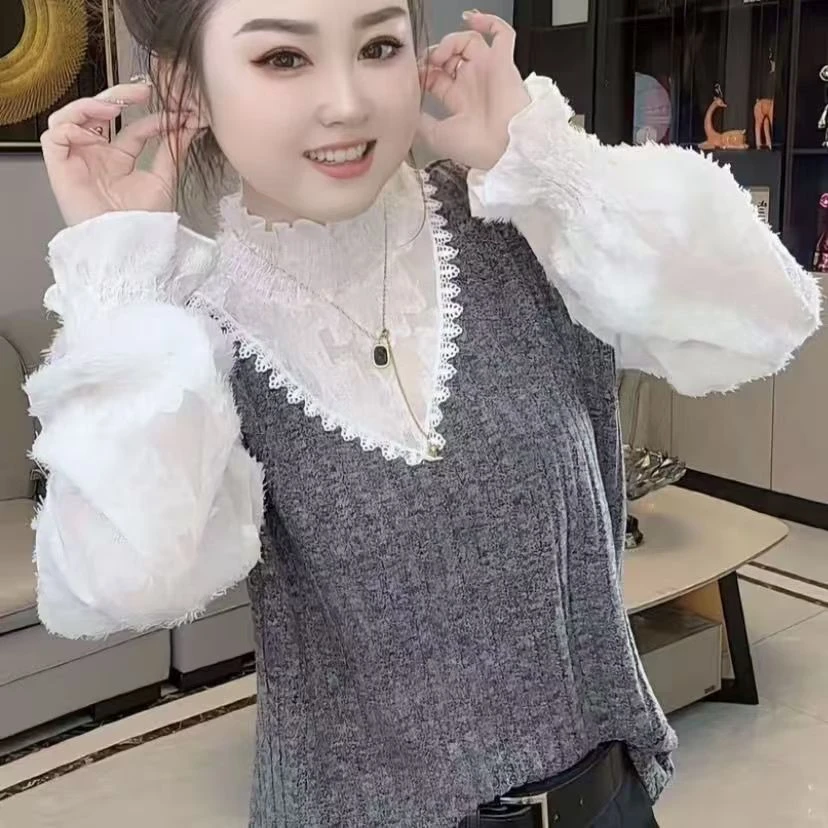 大码胖mm秋冬新款高领t恤蕾丝洋气百搭遮肉显瘦长袖打底衫上衣女