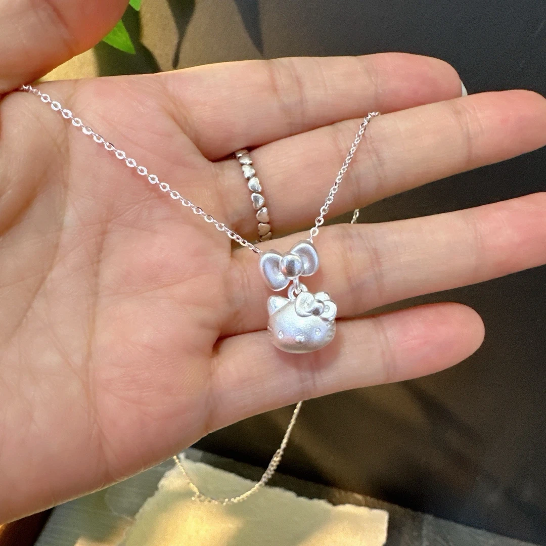 吊坠足银 999足银凯蒂猫蝴蝶结项链小众精致手工编织送女友礼物