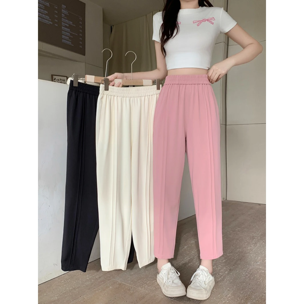 19726（46）新款胖mm大码百搭修身显瘦松紧腰烟筒显腿长九分裤女