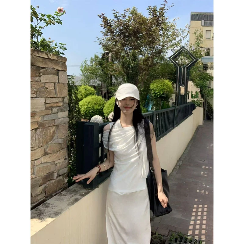 高级感气质套装洋气拼接露肩T恤女夏季垂感半身裙a字长裙两件套