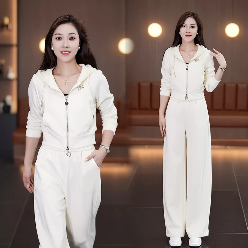 休闲运动服套装女2025秋季新款洋气显瘦连帽卫衣开衫阔腿裤两件套