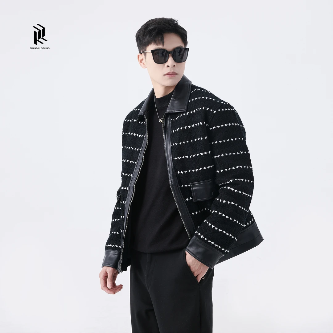 【非黑即白】秋冬新款轻奢感翻领拼接镶线点缀休闲夹棉加厚夹克外套